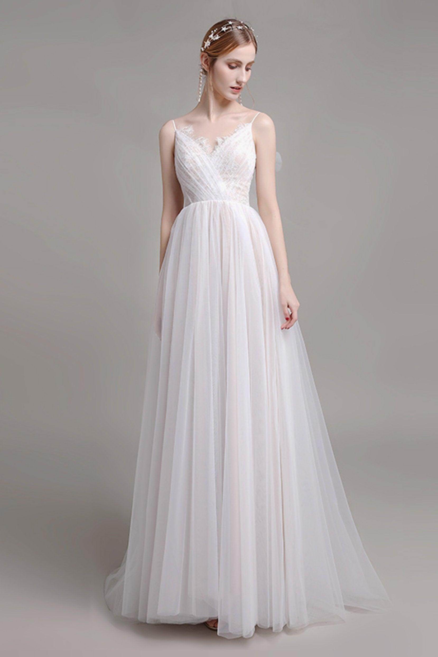 A-Line Sweep-Brush Train Lace Tulle Wedding Dress CW2768 - COCOMELODY